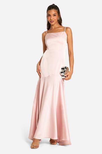 Pink Satin Flare Strappy Maxi Dress