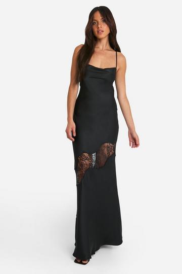 Lace Satin Tie Back Maxi Dress black