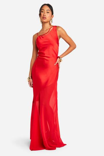 Satin Chiffon Assymteric Hem Maxi Dress red