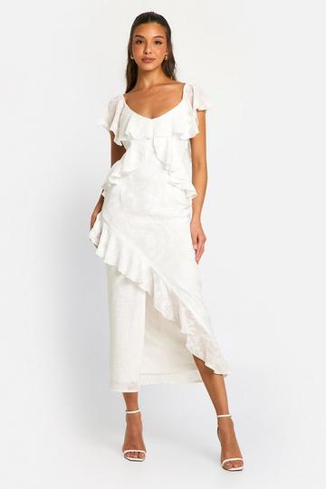 Textured Floral Ruffle Midaxi Dress ivory