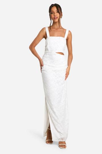 Ivory White Textured Floral Cut Out Maxi Dress