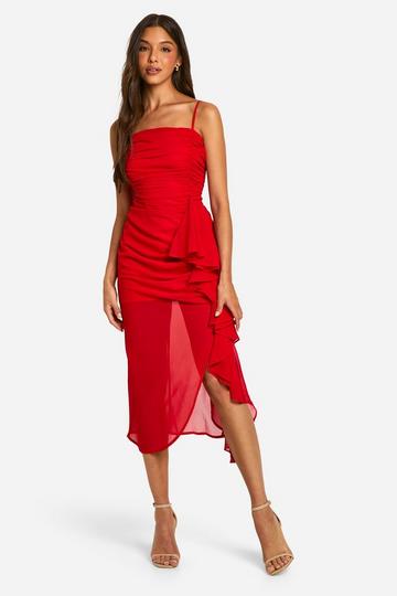 Red Ruffle Cowl Strappy Midi Dress