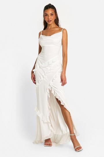 Ruffle Cowl Split Maxi Dress white