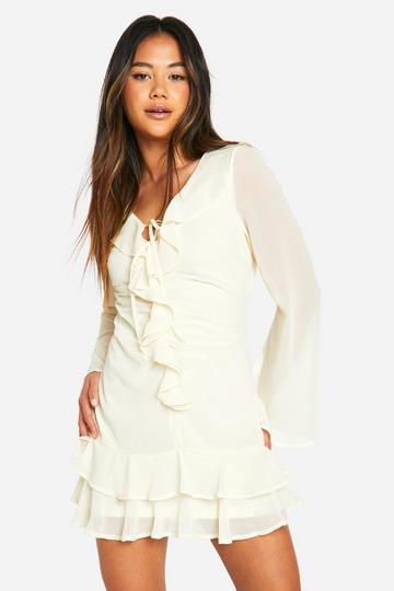 Chiffon Ruffle Tie Front Mini Dress cream