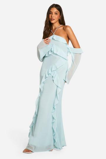 Chiffon Ruffle Off The Shoulder Maxi Dress pale blue