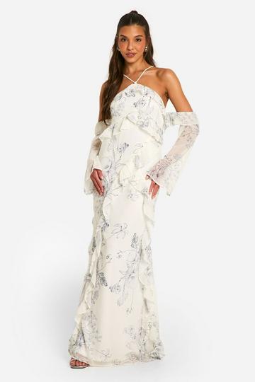 Printed Chiffon Ruffle Off The Shoulder Maxi Dress multi