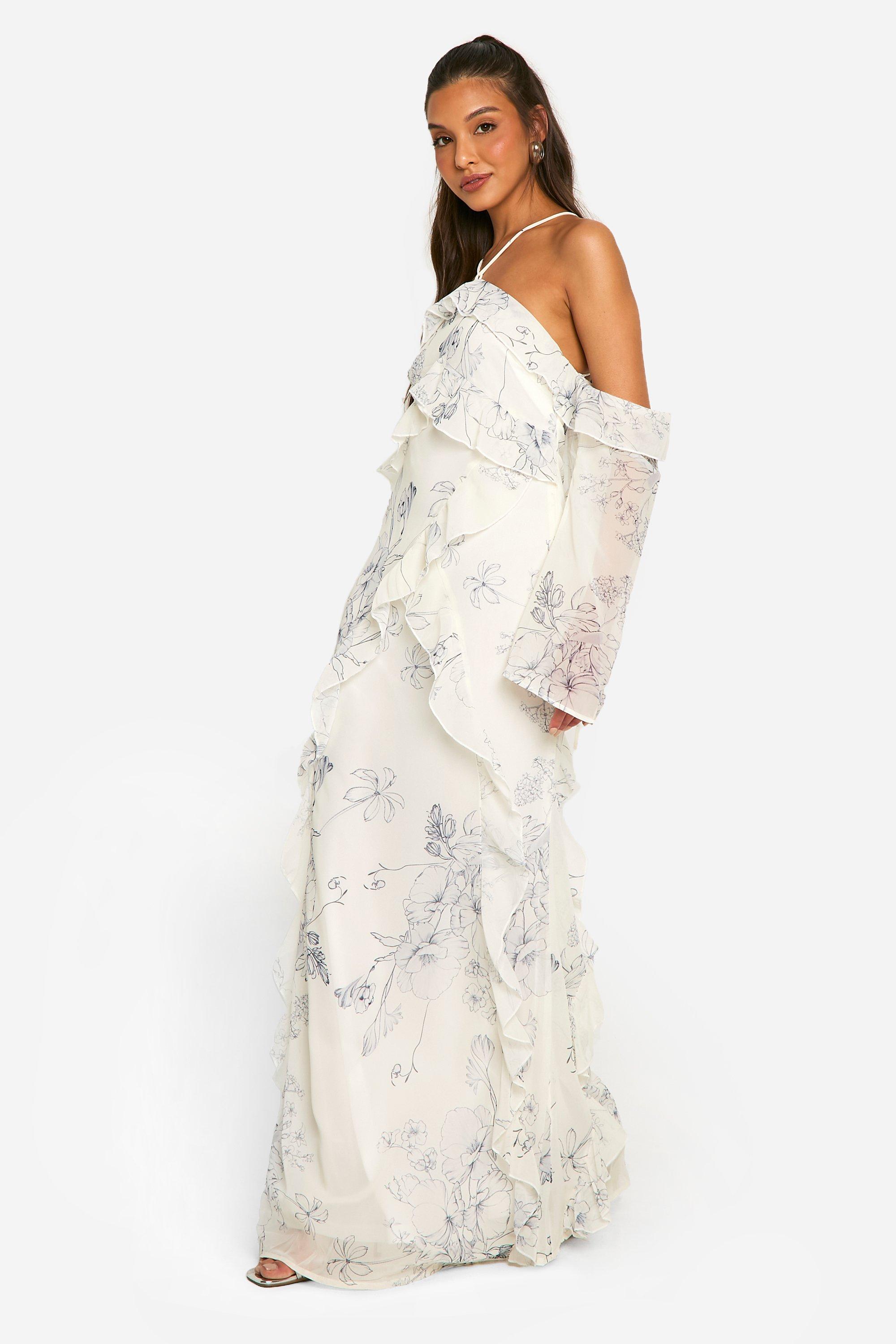 Printed Chiffon Ruffle Bardot Maxi Dress