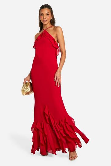 Maxi Jurk Met Ruches En Halter Neck red