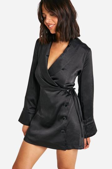 Satin Wrap Tie Mini Dress black