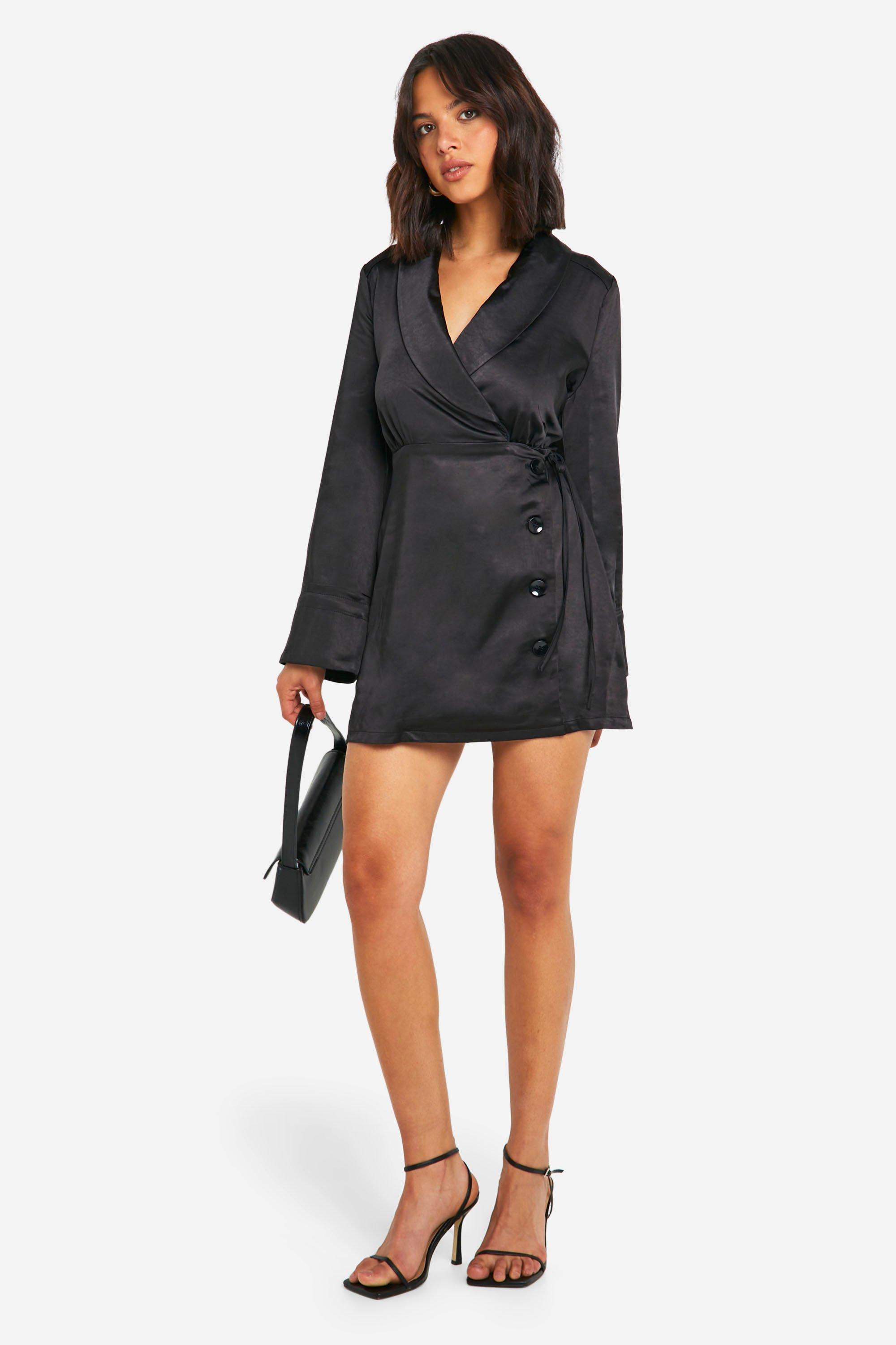 Black satin wrap mini dress best sale