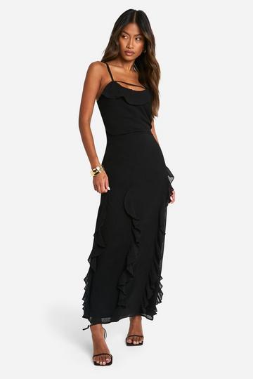 Maxi Jurk Met Ruches, Col En Bandjes black