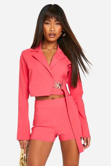 Super Stretch Trim Detail Tie Waist Cropped Blazer pink