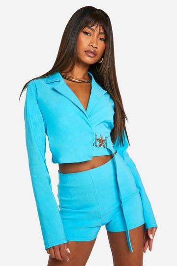 Super Stretch Trim Detail Tie Waist Cropped Blazer azure