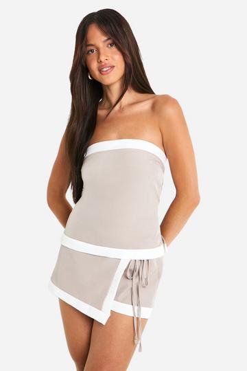 Contrasterende Linnen Look Long Line Bandeau Top taupe