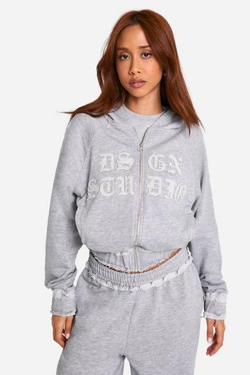 Dsgn Studio Self Fabric Applique Distressed Zip Through Hoodie grey marl