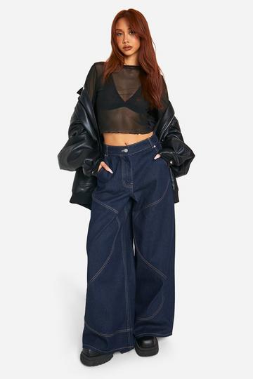 Dark Brown Contrast Stitch Swirl Raw Indigo Wide Leg Denim Jeans