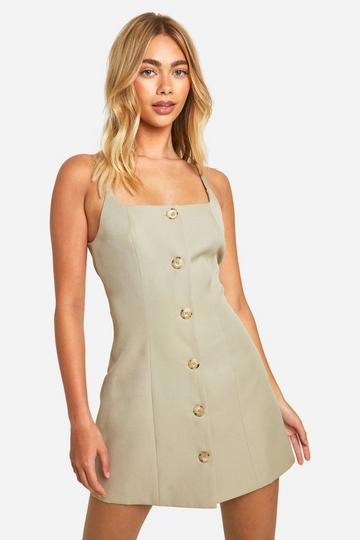 Mock Horn Button Front Fitted Mini Dress khaki