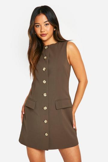 Mock Horn Button Tailored Mini Dress chocolate