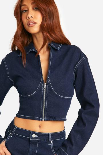 Dark Brown Cup Detail Contrast Stitch Raw Indigo Denim Corset Jacket