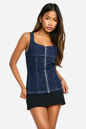 Indigo Indigo Denim Corset Top Met Contrasterende Stiksels En Naaddetail dark indigo