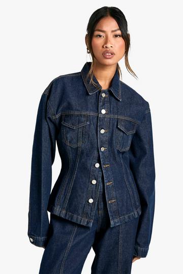 Dark Brown Cinched Waist Contrast Stitch Raw Indigo Denim Jacket