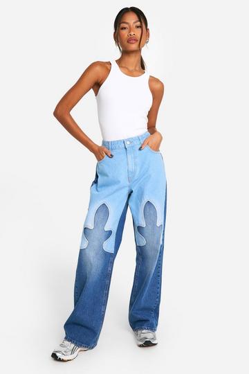 Denim Blue Western Detail Contrast Colour Block Wide Leg Jeans