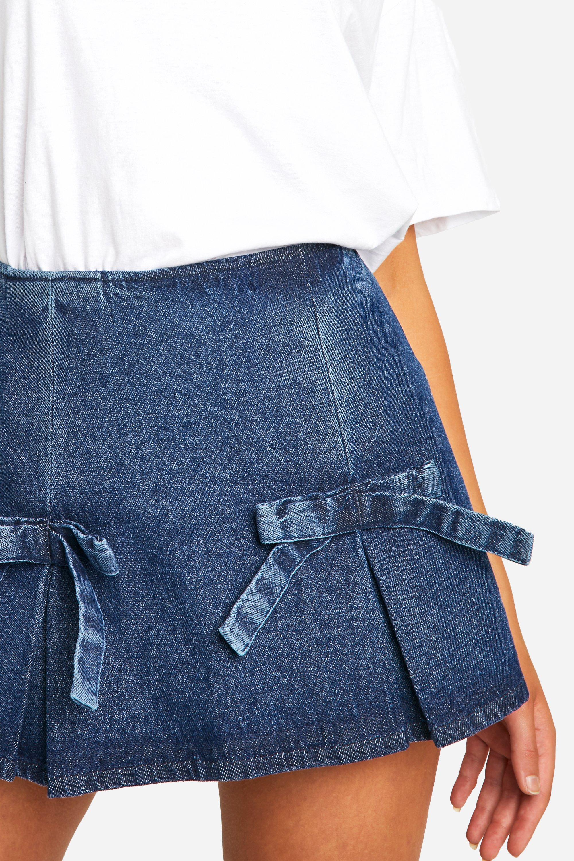 Bow Detail Pleated Denim Mini Skirt