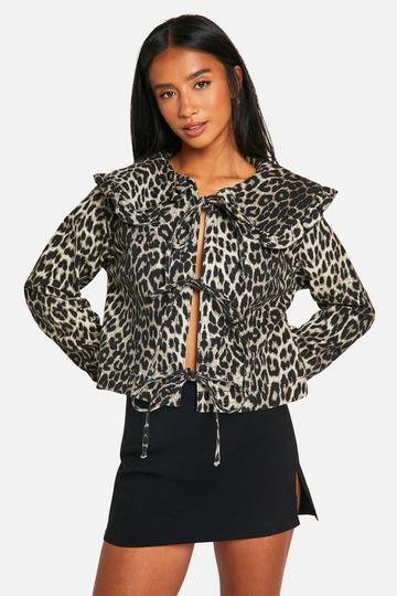 Leopard Print Collar Detail Tie Front Denim Jacket brown