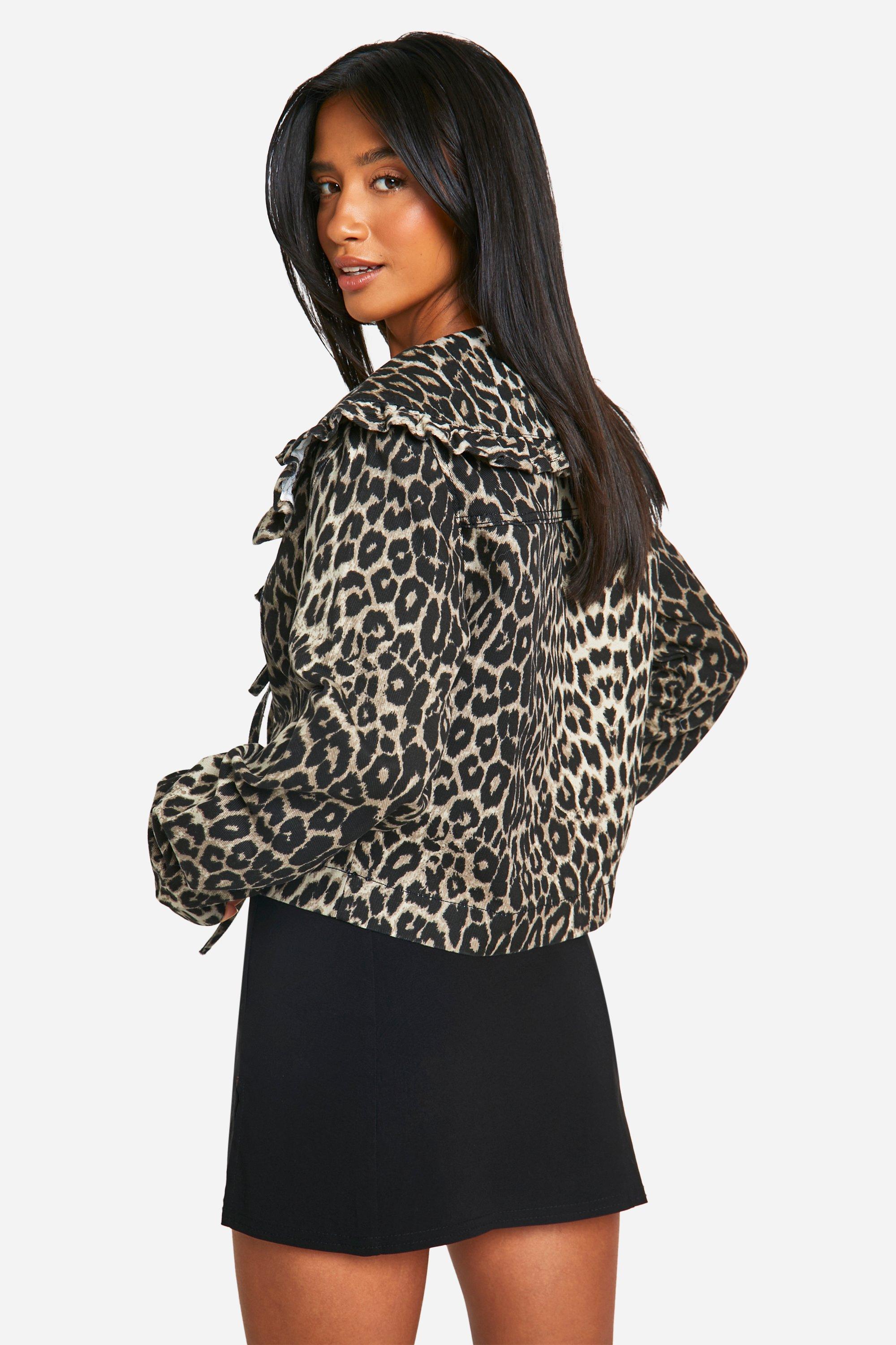 Leopard Print Collar Detail Tie Front Denim Jacket boohoo IE