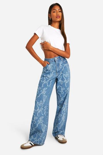 Bow Laser Print Wide Leg Denim Jeans washed indigo