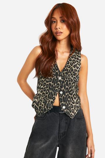 Leopard Print Denim Waistcoat brown