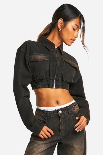 Black Washed Black Extreme Crop Denim Jacket