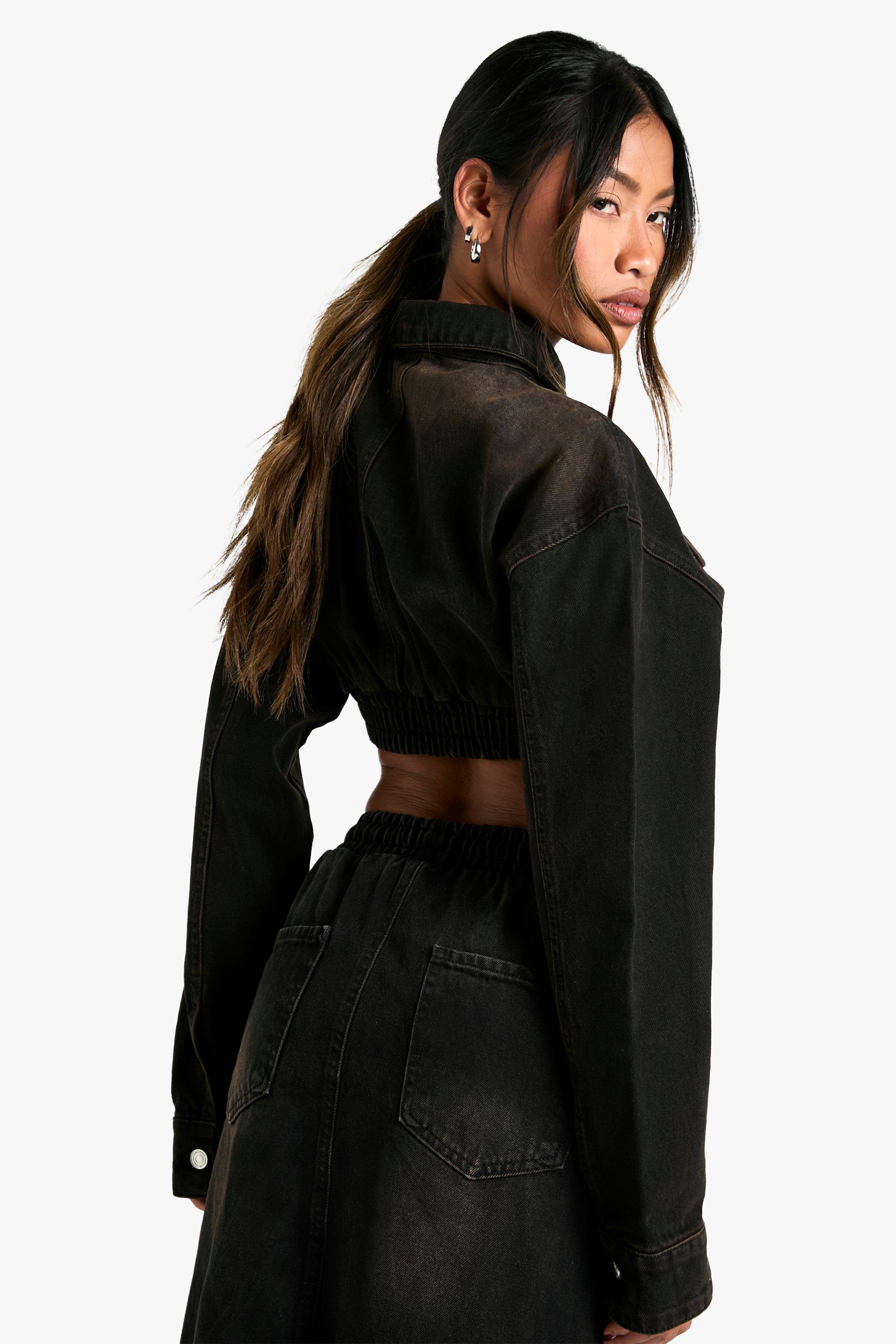 Washed Black Extreme Crop Denim Jacket boohoo UK