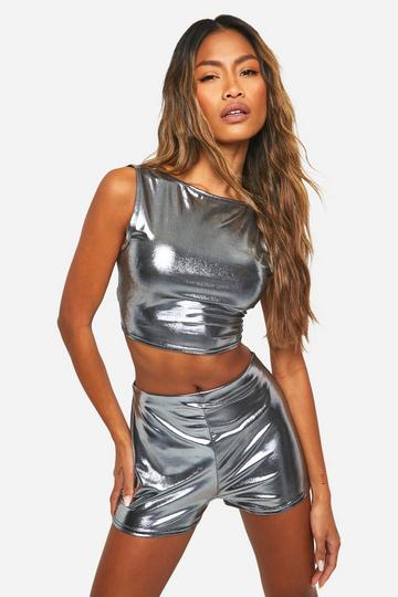 Metallic Racer Neck Crop Top metallic silver