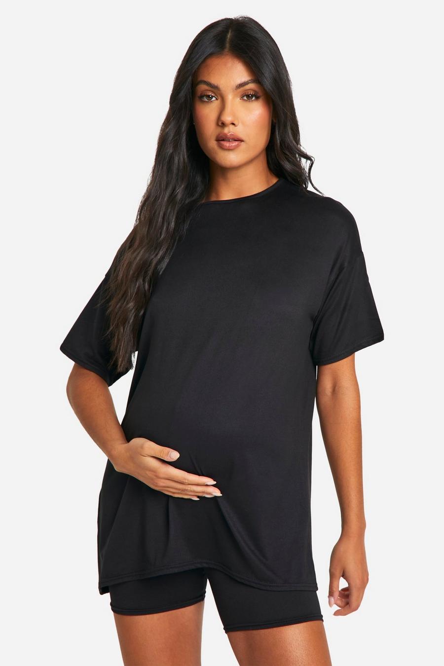 Black Maternity Super Soft Oversized T-shirt And Cycling Short Set