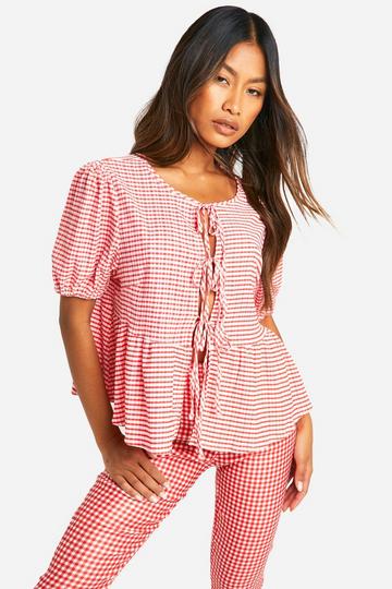 Gesmokte Gingham Top Met Strik En Pofmouwen red