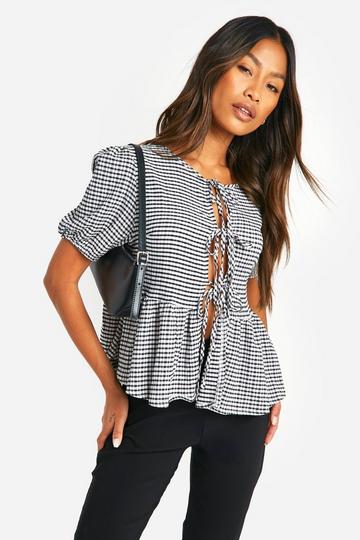 Gingham Tie Front Puff Sleeve Smock Top black