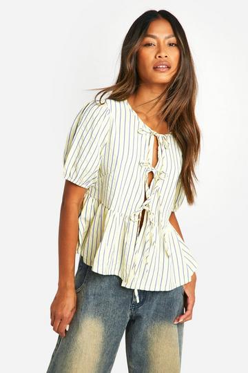 Lemon Stripe Tie Front Puff Sleeve Smock Top lemon