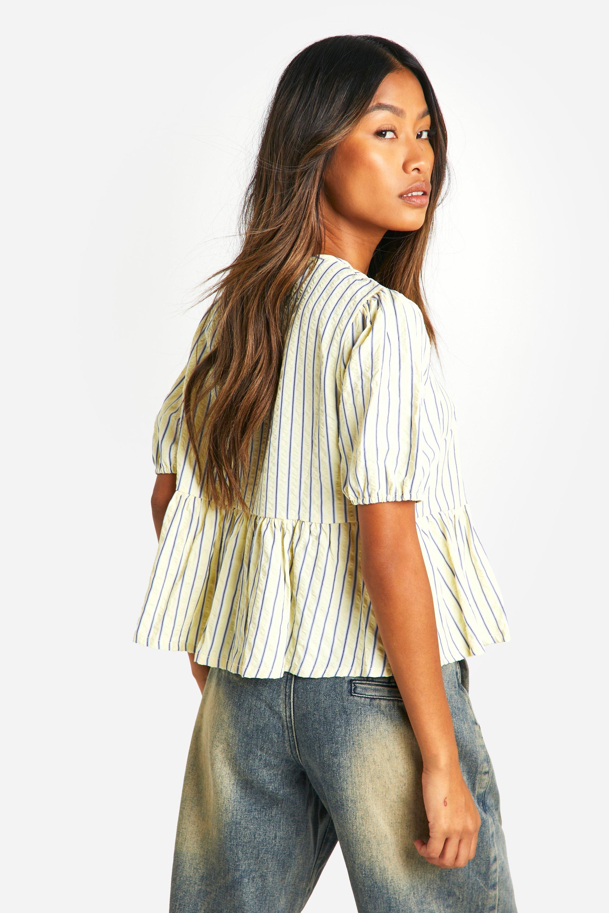 Top holgado con mangas abullonadas y atadura frontal con rayas color limon boohoo ES