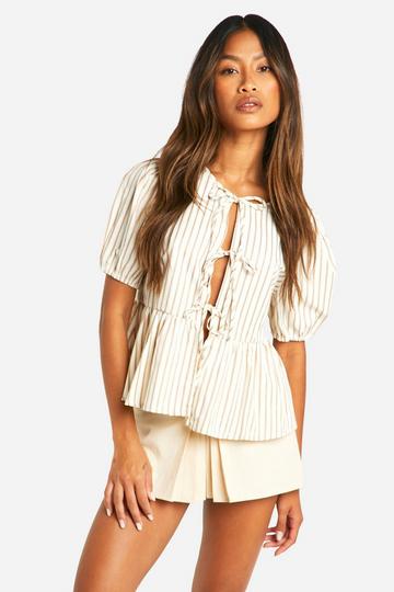 Tonal Wide Stripe Tie Front Puff Sleeve Smock Top stone