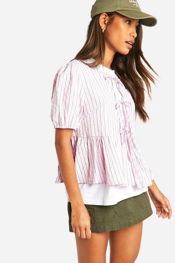 Pink Pink And Green Stripe Tie Front Puff Sleeve Smock Top