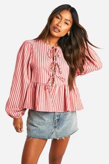 Pink And Red Stripe Tie Front Puff Long Sleeve Smock Top pink