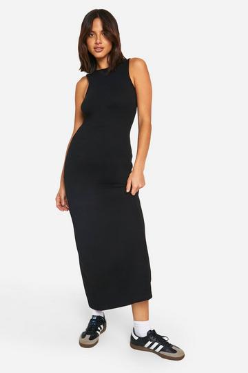 Basic Geribbelde Maxi Jurk Met Wijd Uitlopende Pijpen black