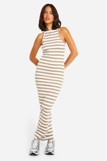 Stone Beige Basic Stripe Rib Racer Neck Maxi