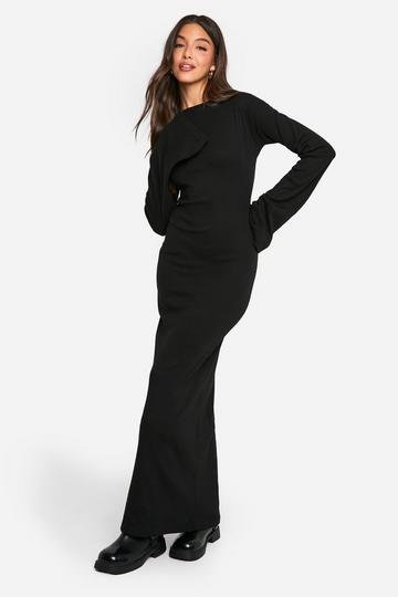 Black Basic Rib Flare Sleeve Dress