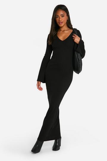 Basic Rib Flare Sleeve V Neck Dress black