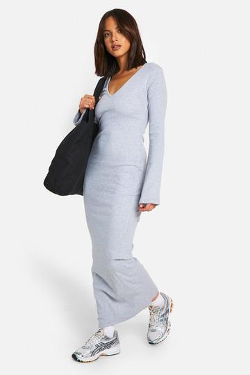 Basic Rib Flare Sleeve V Neck Dress grey marl