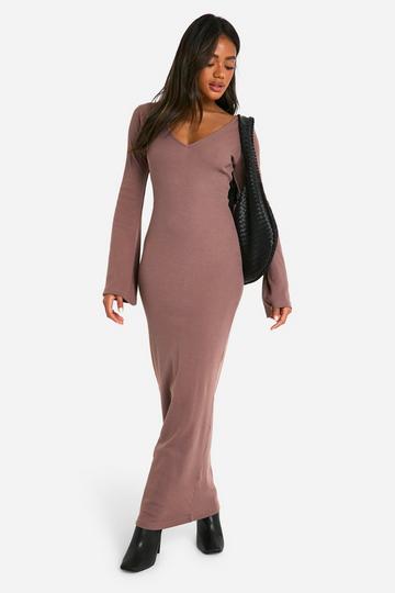 Basic Rib Flare Sleeve V Neck Dress mocha