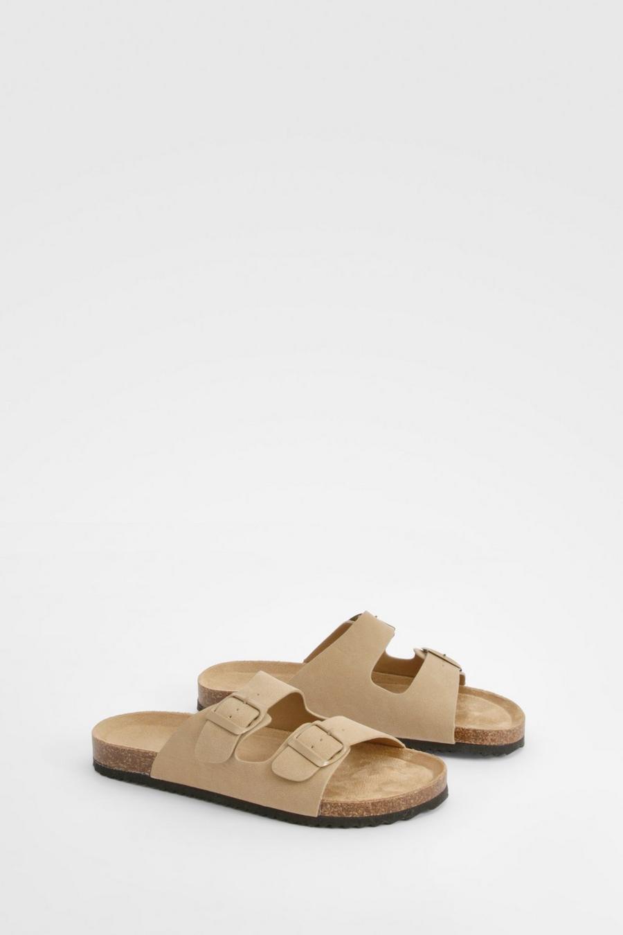 Taupe Double Buckle Footbed Sliders  
