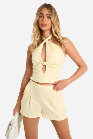 Linen Look Knot Halterneck Top lemon